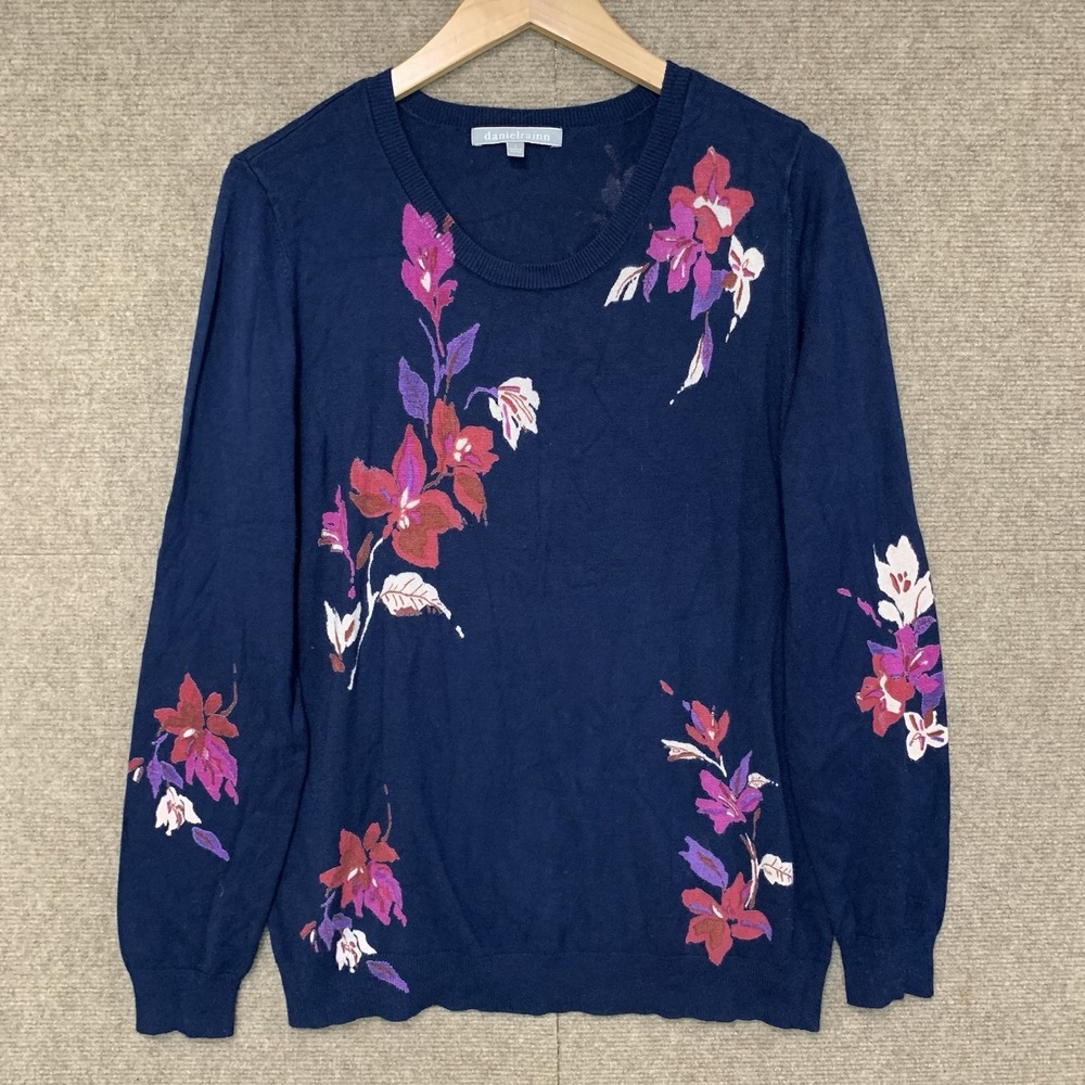 Daniel Rainn Blue Cardigan Sweater with Floral Print Long Sleeve Button. Size L